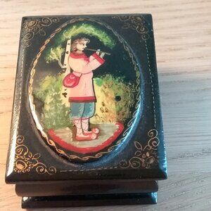 Russian Lacquer Trinket Box Vintage Folk Art - Boy Playing the Flute